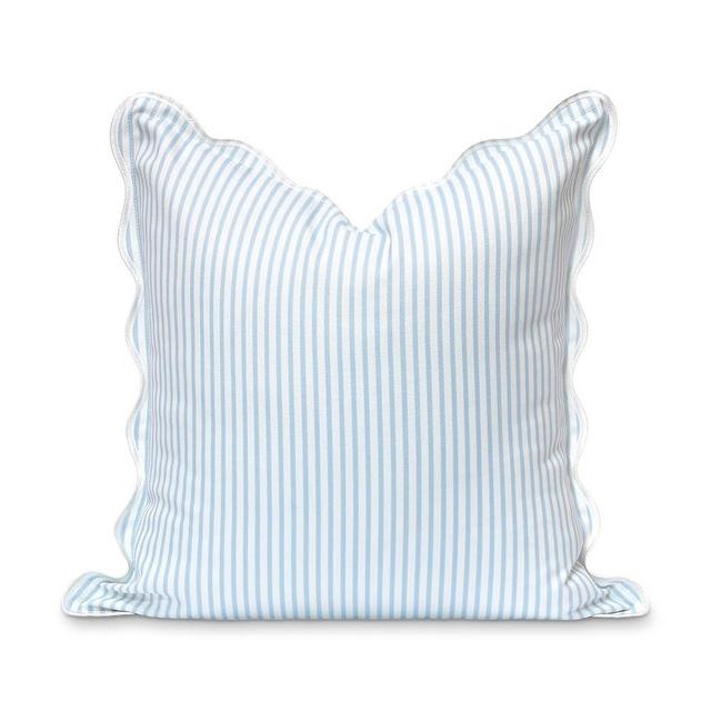 Hofdeco Premium Coastal Patio Indoor Outdoor Scalloped Throw Pillow Cover Only, 20"x20" Water Repellent for Backyard, Couch, Baby Blue Print Stripes