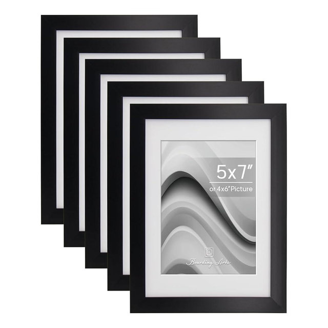 Boarding Picture Frames 5x7 & 4x6 Photo Frame Set of 5 - Black Tabletop or Wall Gallery Frames for Pictures With/Without Mat