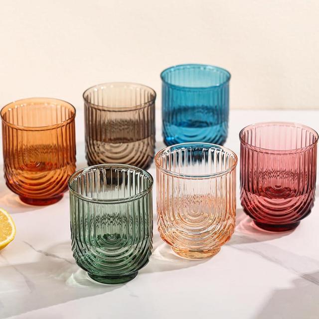 TrophyToast Colored Vintage Drinking Glasses Set of 6-15oz Hand-Blown Highball Ribbed Glassware, Arch Design Cocktail Glasses for Whiskey Water Beverages Ice Coffee Juice Milk