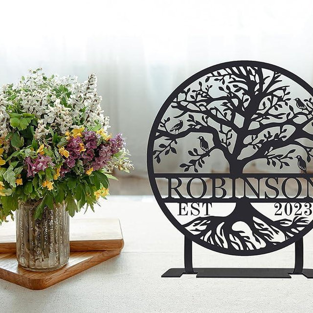 Personalized Tabletop Metal Tree of Life Sign, Custom Name Table Sign, Custom Shelf Metal Name Sign, Personalized Anniversary Wedding Gifts, Custom Tree Sign for Tabletop Decor