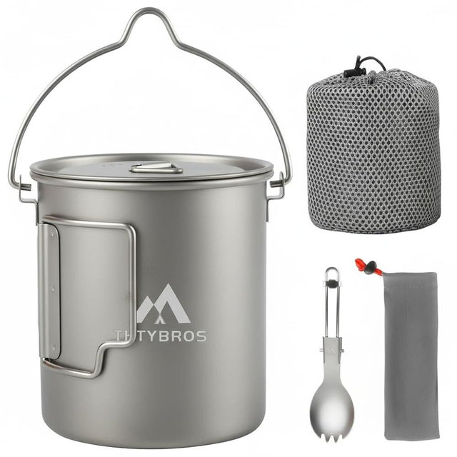 THTYBROS Titanium 750ml Pot with Titanium Spork, Ourdoor Solo Camping Mug, Hanging Cup Spork Kits
