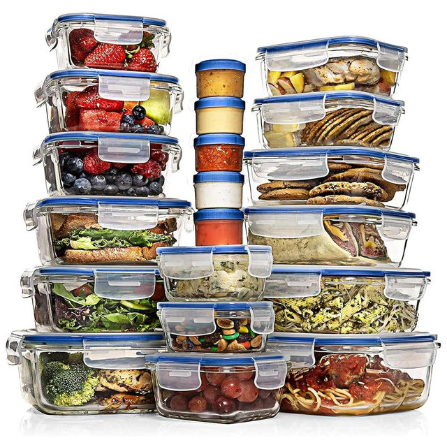Razab 35 Pc Set Glass Food Storage Containers with Lids - Meal Prep Airtight Bento Boxes BPA-Free 100% Leak Proof (15 lids,15 glass & 5 Plastic Sauce/Dip Containers)
