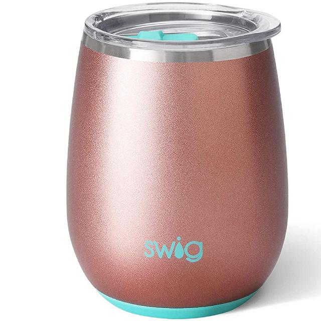 Swig Life 14oz Wine Tumbler with Lid, Stainless Steel, Dishwasher Safe, Stemless, Portable, Triple Insulated Wine Tumbler in Rose Gold & Teal