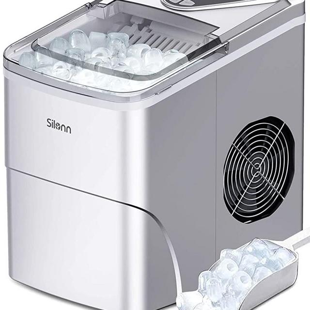 Silonn Ice Makers Countertop, 9 Cubes Ready in 6 Mins, 26lbs in 24Hrs, Self-Cleaning Ice Machine with Ice Scoop and Basket, 2 Sizes of Bullet Ice for Home Kitchen Office Bar Party