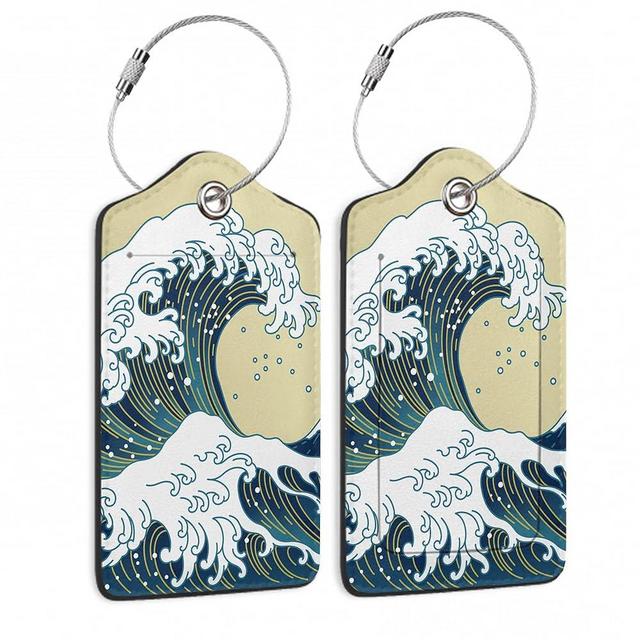 Luggage Tags for Suitcase,2 Pack Japanese Ocean Wave Luggage Tag Leather Privacy Cover ID Label with Stainless Steel Loop for Women Men Kids Girls Travel