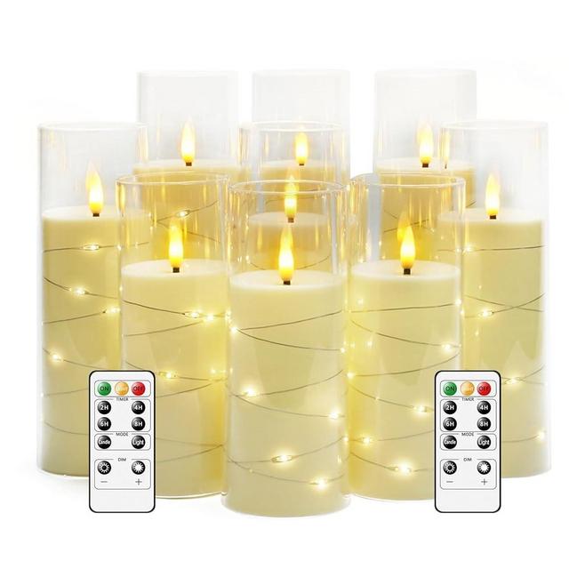 kakoya Flameless LED Candles with Timer 9 Pc Flickering Flameless Candles for Romantic Ambiance and Home Decoration Durable Acrylic Shell,with Embedded Star String，Battery Operated Candles（Ivory）