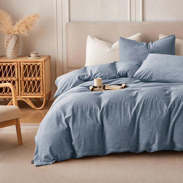 BFS HOME Linen Duvet Cover Queen Size - Soft Breathable Cotton Linen Blend, 3-Pieces Bedding Set with 2 Pillowcases, Stonewashed Texture, Denim Blue, All-Season Comfort