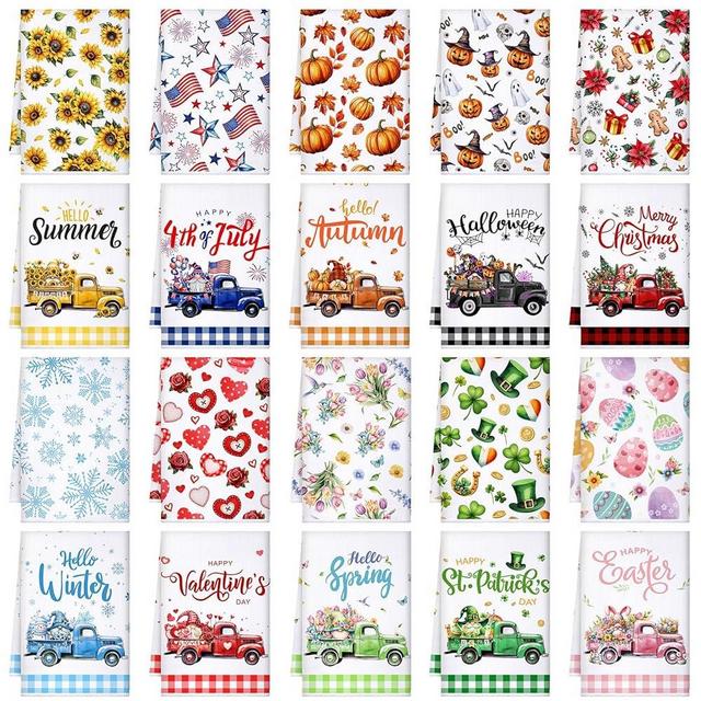 FuWeave 20 Pcs Seasonal Kitchen Towels Decorative Set Holiday Hand Dish Towels 16 x 24 Inch Truck Cute Absorbent Dishcloths Spring Summer Autumn Winter Drying Tea Towel Wash Cloths with Hanging Loop