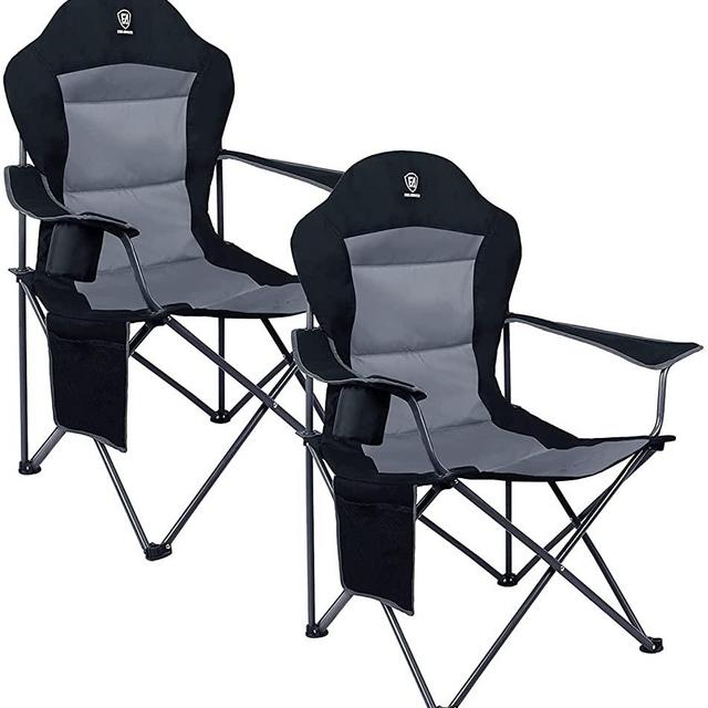 EVER ADVANCED Oversized Padded Quad Arm Chair Collapsible Steel Frame High Back Folding Camp Chair with Cup Holder, Heavy Duty Supports 300 lbs-2 Pack