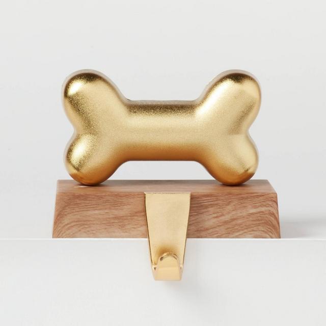 Metal Bone Christmas Stocking Holder with Faux Wood Base Gold - Wondershop™