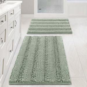 Sage Bathroom Rugs, Bath Mat Set of 2 Extra Thick Chenille Striped Pattern Shaggy Bath Rugs for Bath Room, Non Skid Bath Mats for Bathroom Floor (32 x 20 Plus 24 x 17 - Inches)