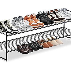 KEETDY 2-Tier Long Shoe Rack for Closet Metal Shoe Organizer for Entryway, Wide Stackable Shoe Storage Shelf with Sturdy Wire Grid for Closet Floor, Bedroom, Black