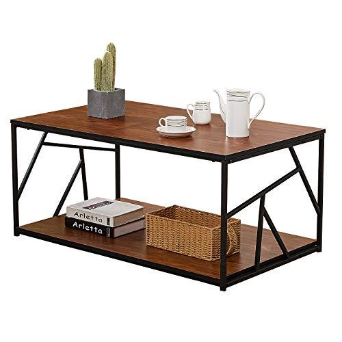 VECELO Modern Coffee Tea Double Storage Space Wooden Side End Table with Black Metal Frame(40in), Brown