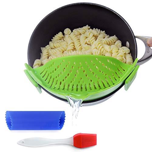 Clip-On Kitchen Food Strainer for Spaghetti, Pasta, Ground Beef Grease, Colander & Sieve Snaps on Bowls, Pots and Pans, Set includes Silicone Strainer, Brush & Garlic Peeler by Salbree (Green)