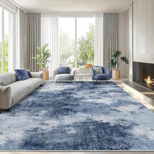 AMADA HOMEFURNISHING 8x10 Washable Area Rug, Modern Abstract Living Room Rug with Non-Slip Backing & Short Pile, Large Rug with Abstract Pattern for Living Room, Bedroom and Dinning Room, Dark Blue