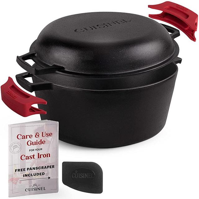 Cast Iron Dutch Oven - 7-Quart Deep Pot - Pre-Seasoned 2-in-1 Multi-Cooker - Combo Lid Doubles as 12"-inch Skillet Frying Pan + Silicone Handle Covers + Scraper/Cleaner - Great Set for Baking Bread - Indoor/Outdoor Cookware, Grill, Camping, Kitchen Electric or Gas Stove Cooking, Fryer