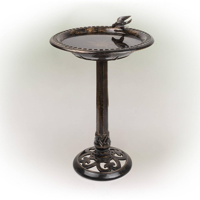 27" Polyresin Antique Style Outdoor Birdbath Bowl with Bird Figurine Bronze - Alpine Corporation