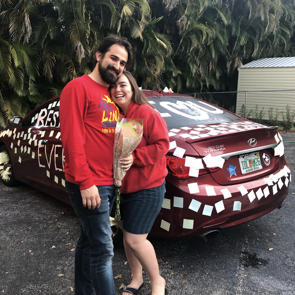 This is one of my favorite moments... John (with the help of Peter, a true bro) surprised me by covering my car with sweet lil' notes and making me a gift basket! Ask us about the bear... (Jan. 2019)