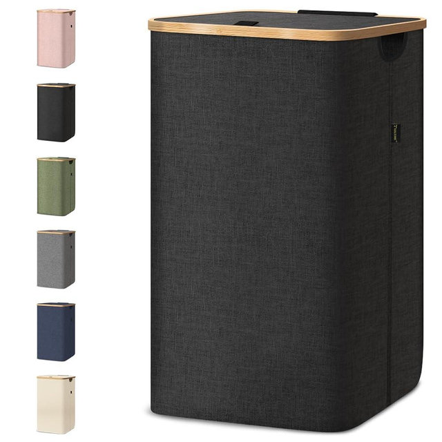 BALEINE Laundry Hamper with Lid, Tall Laundry Baskets with Bamboo Pull Handles, Large Laundry Bin with Internal Support (26 Gallon, Black)
