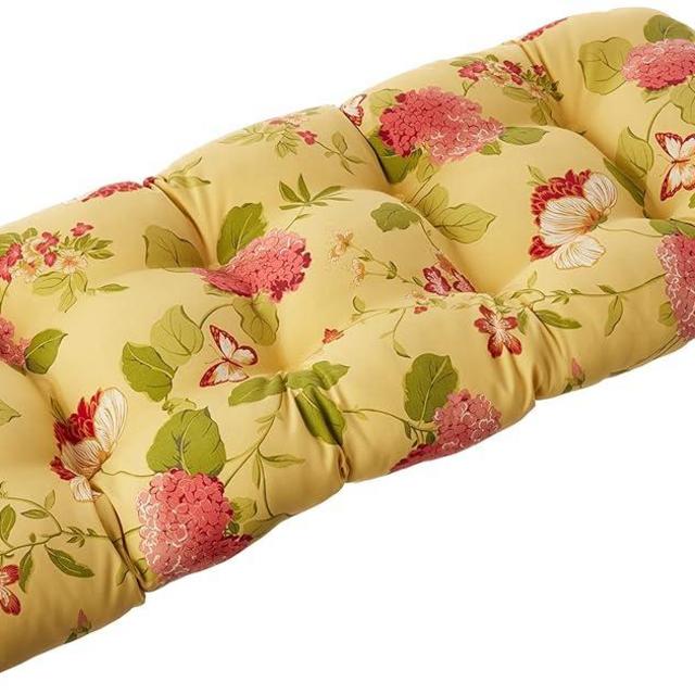 Pillow Perfect Bright Floral Indoor/Outdoor Wicker Sofa Setee Swing Cushion Tufted, Weather, and Fade Resistant, 19" x 44", Gold Risa Lemonade