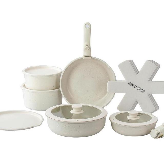 Country Kitchen 16 Piece Pots and Pans Set - Safe Nonstick Kitchen Cookware with Soft Touch Removable Handle, RV Cookware Set, Oven Safe (Cream Gold Speckle)