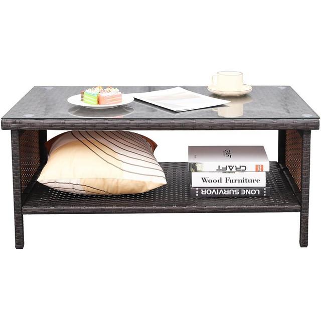 WAROOM Outdoor PE Wicker Coffee Table - Patio Rattan Garden Side End Tea Table with Glass Top Furniture, Brown
