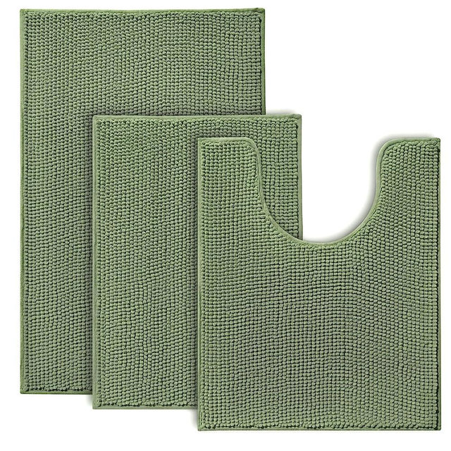 Urvoix Bathroom Rugs Sets 3 Piece, Non-Slip Chenille Bath Rug - Ultra Soft, Washable, Super Absorbent Bath Mat for Bathroom, Toilet and Tub (Sage)