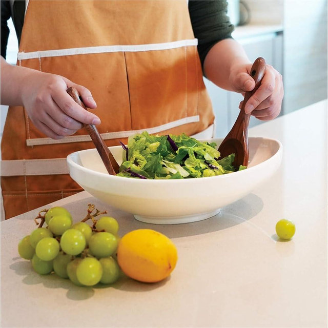 seicasaya 11-Inch Oval Ceramic Salad Bowl Set with Acacia Wood Servers, Modern Serving Bowl for Pasta, Fruit (White)