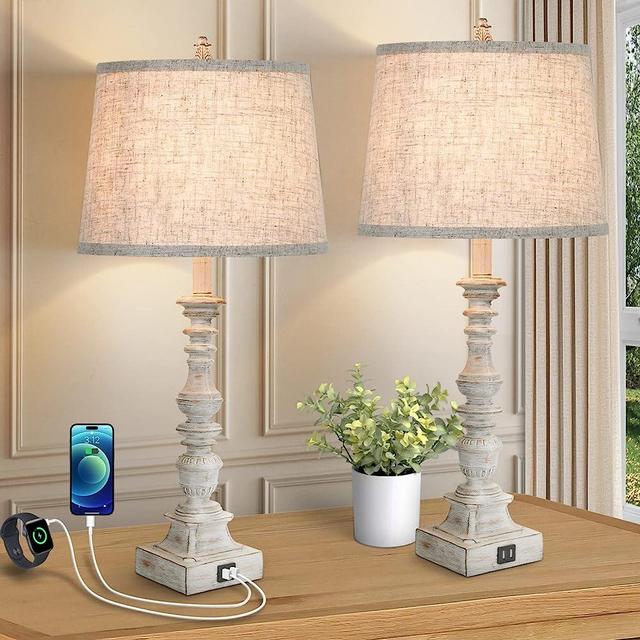 Set of 2 Farmhouse Table Lamps, 25.7'' Tall Rustic Bedside Lamps with 2 USB Ports, Beige Fabric Shade Nightstand Lamp, White Resin Desk Lamp with Rotary Switch for Living Room, Bedroom, Office