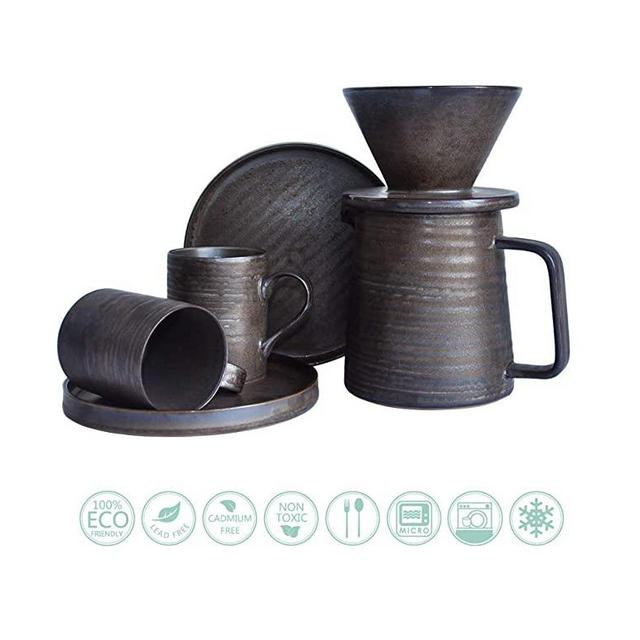 Globe Faith Eco-friendly Pour Over Coffee Maker Cup Set, Pourover Ceramic Coffee Brewer Drip, V60 Coffee Percolator, Coffeemaker Pot & Espresso Cups Gift, Retro Annular Vein Metallic Glaze Antracite