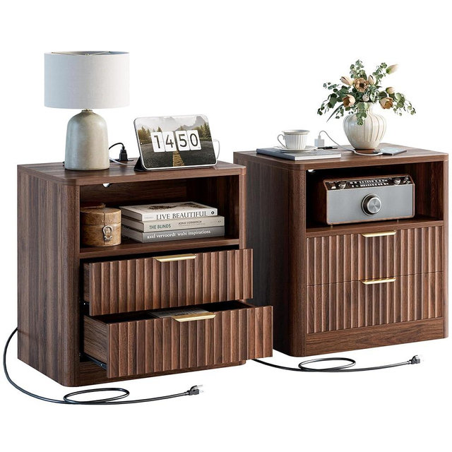 IRONCK Fluted Night Stand Set of 2, Modern Nightstand with Charging Station, Drawers and Open Shelves - Bedside Table Wood Side Table Set for Bedroom (Walnut)