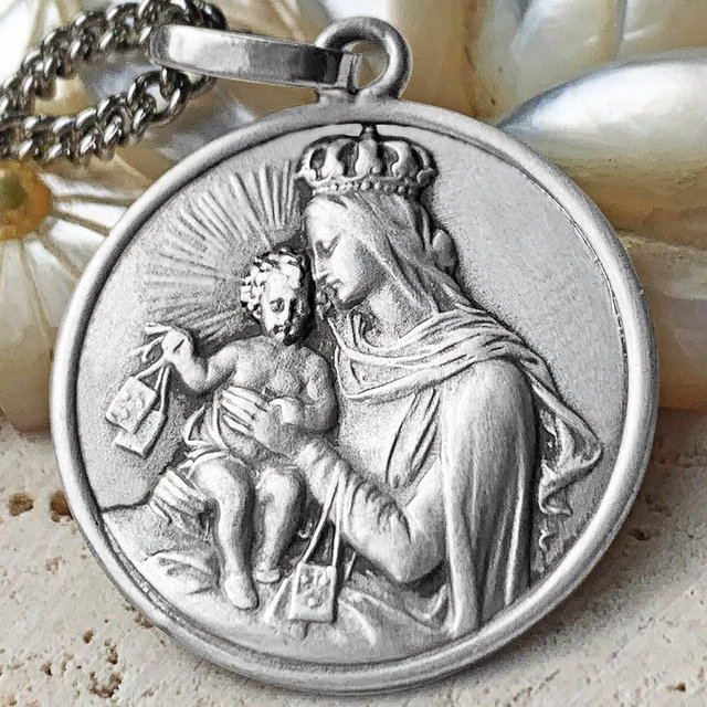 Mount Carmel Scapular Pendant - 925 Sterling Silver - Sacred Jewel of Mary and Jesus Christian Medal Gift Scapular Necklace Spiritual Art