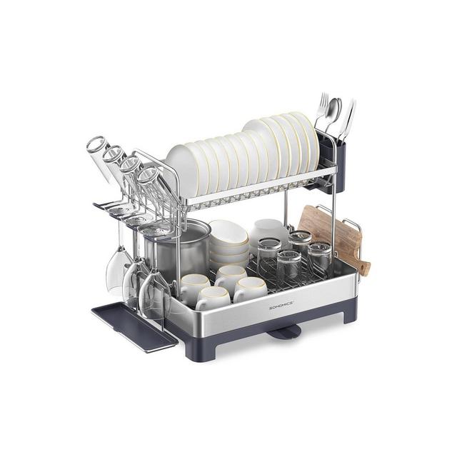 SONGMICS Dish Drying Rack - 2 Tier Dish Rack for Kitchen Counter with Rotatable and Extendable Drain Spout, Gray