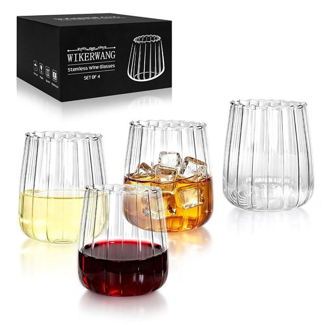 WIKERWANG Stemless Wine Glasses Set of 4, 17oz, Hand Blown Crystal Clear Red White Wine Glasses for Daily Use, Lead-free, Dishwasher Safe, Glasses Drinking Set, Ideal for Home Bar, Parties & Gifts