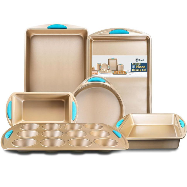Perlli Baking Kit: Nonstick Gold Steel Oven Set - 6 Pieces, Round Cake Pan, Loaf Pan, Square Pan, Muffin Pan, Cookie Sheet, Roaster - Silicone Handles