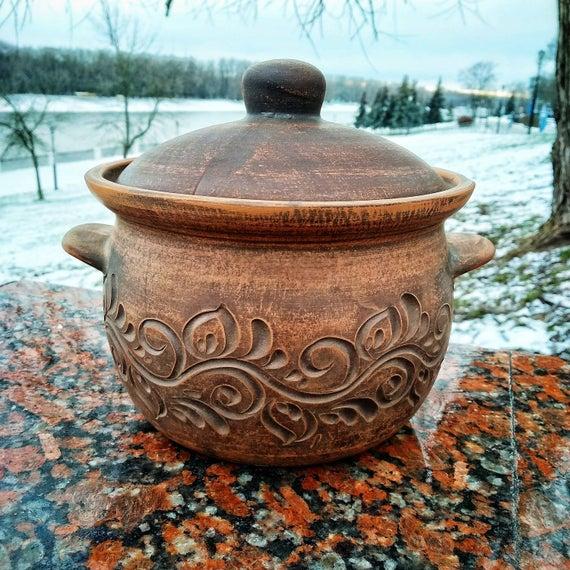 Ceramic beautiful casserole, with a comfortable lid and handles. Natural ecologically clean Pottery clay handmade