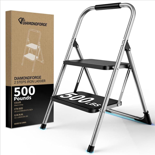 DIAMONDFORGE 2 Step Ladder, Folding Step Stool with Wide Anti-Slip Pedal, Lightweight Foldable Step Stool with Handgrip, 500 lbs Capacity, Portable for Home, Kitchen, Office, Gray