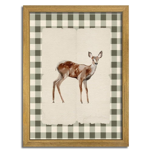 Wood Framed Deer Wall Art Print, Woodland Baby Deer Canvas Poster Wall Decor, Vintage Rustic Green Gingham Farmhouse Animal Picture for Living Room Kitchen Bedroom Nursery Decor, 12x16 inch