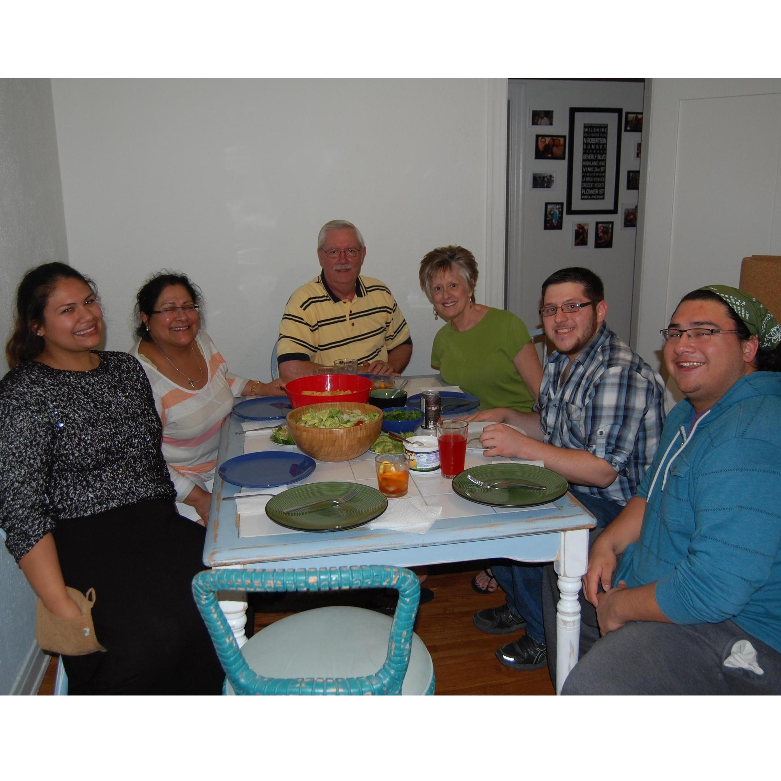 Having a meal with Olivia's mom Aydda, her brother Gavin, and Emily's parents Jim and Susan!