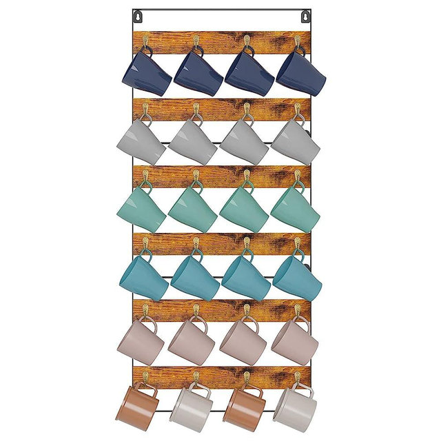 Huxitocan Mug Racks for Wall, Coffee Mug Holder Wall Mount Up to Hold 24 Mugs, Coffee Mug Rack Wall Mounted（3Pack） for Kitchen, Home, Coffee Bar, Rustic Wood and Iron