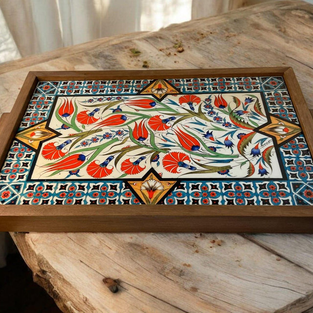 Handmade Wooden Serving Tray with Turkish Ceramic Tile-Ottoman Floral Pattern-Elegant Home Decor & Gift Idea-Handmade Wooden-Kitchen Gift