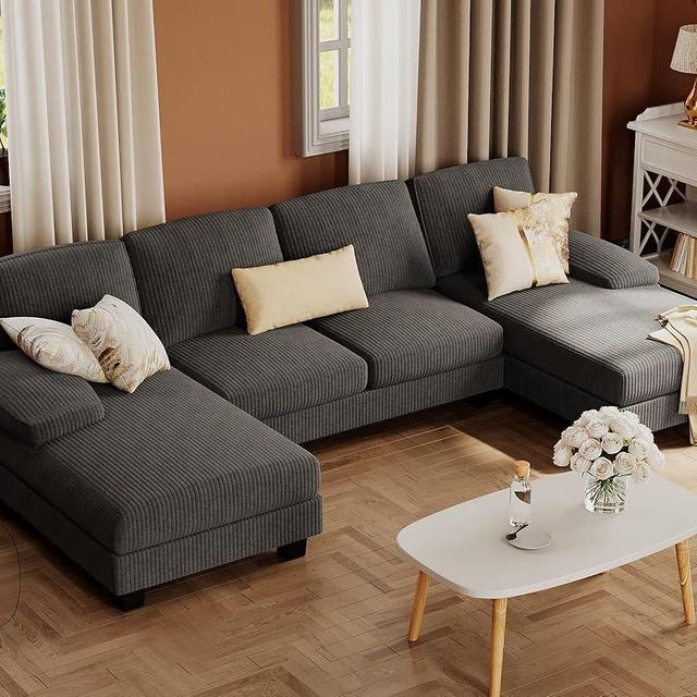 Furmax Sectional Couches for Living Room, U-Shaped Sofa Couch with Soft Corduroy, 4 Seat Sofa Set with Double Chaise for Apartment (Corduroy, Dark Grey)