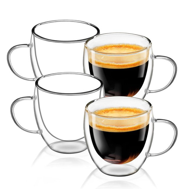 Espresso Cups Set of 4, 5 OZ Expresso Shots Glass Cups, Double Walled Glass Coffee Mugs with Handles, Espresso Machine Accessories, Insulated Espresso Shot Glasses, Clear Nespresso Cup for Cappuccino