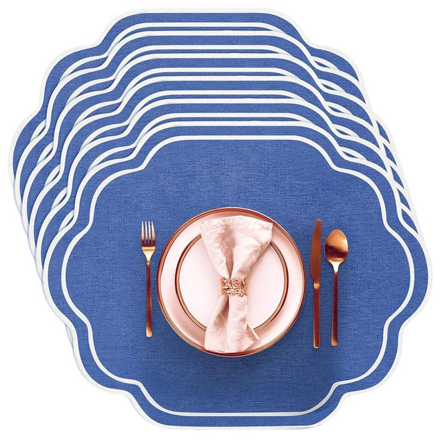 Breling 6 Pcs Wedding Placemats Scalloped Embroidered Cotton Linen Placemats 17" x 13" Double Layered Machine Washable Table Place Mat for Party Table Decor (Navy Blue)