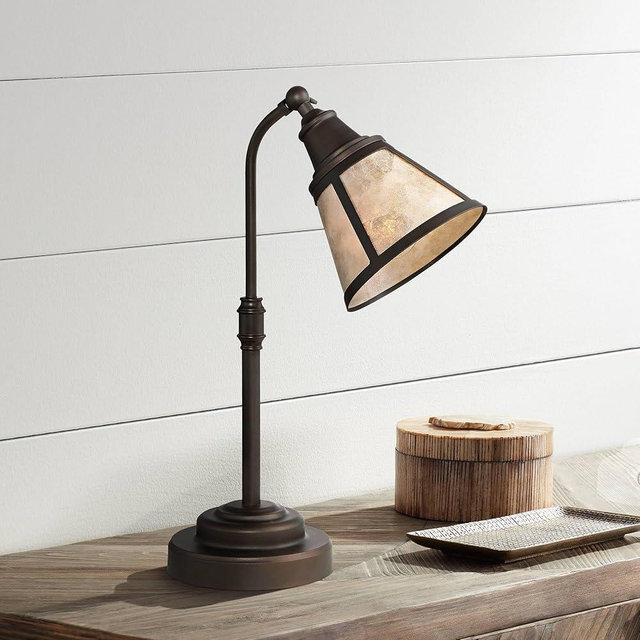 Regency Hill Malta Rustic Farmhouse Desk Lamp 18 1/2" High Satin Bronze Brown Metal Adjustable Blond Mica Shade for Bedroom Living Room House Bedside Nightstand Home Office Reading Family