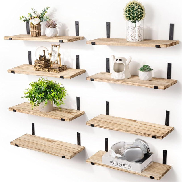 SALA Floating Shelves for Wall Decor, Width 6in Wall Shelves Set of 8, Light Brown Farmhouse Wall Mounted Shelves, Floating Bookshelf Small Shelving Wall Mounted for Bedroom, Bathroom, Kitchen, Corner