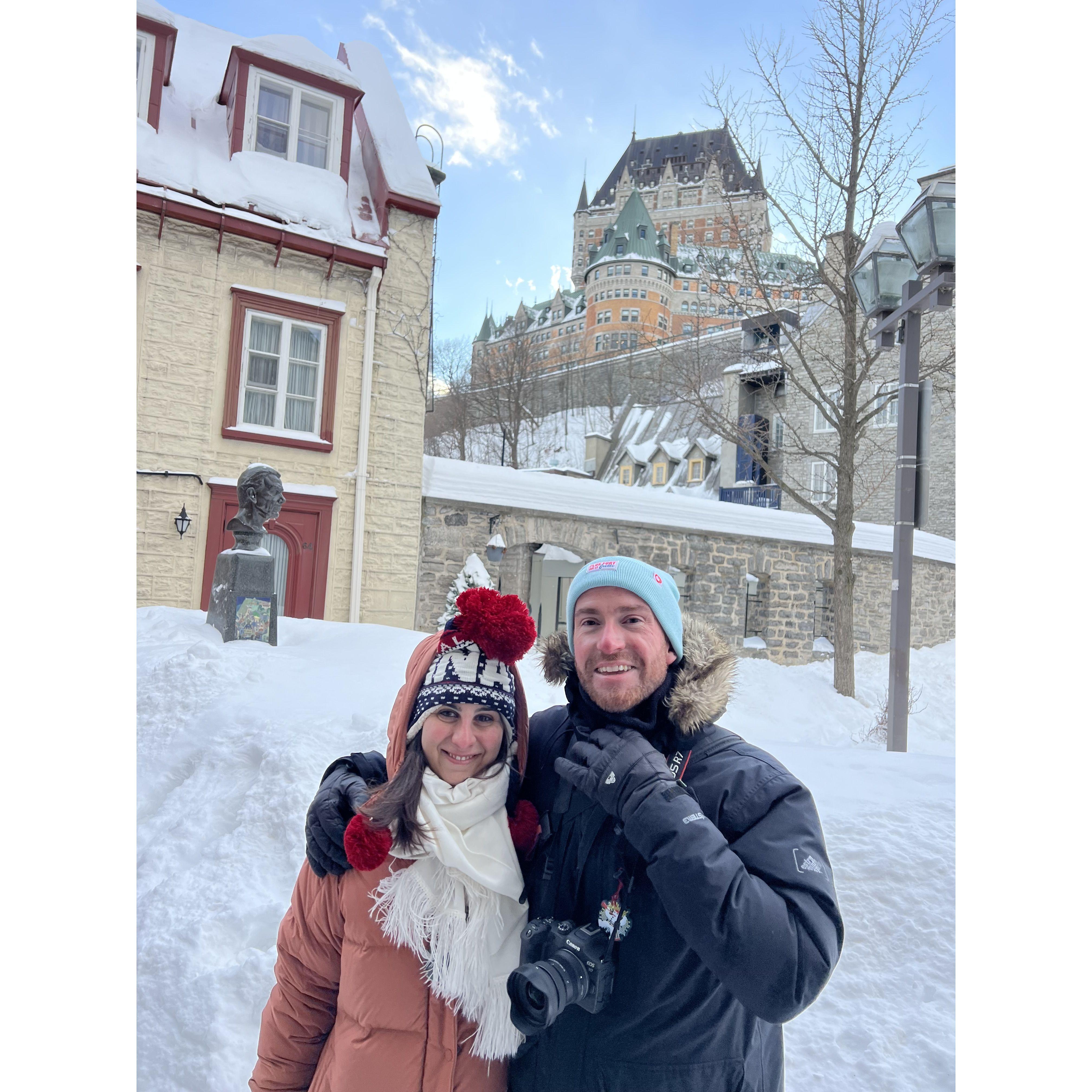 Unsuspecting Lindsay in front of our hotel, Fairmont Le Chateau Frontenac.