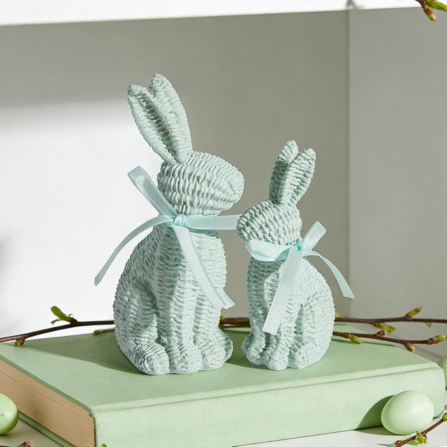 WDS WONDROUS Easter Decorations Bunny Figurines Set, Green Rattan Effect Resin Table Decor Set of 2 (Large & Small), Spring Farmhouse Home Decor Centerpiece Statue, Indoor Easter Bunny Decor & Gift