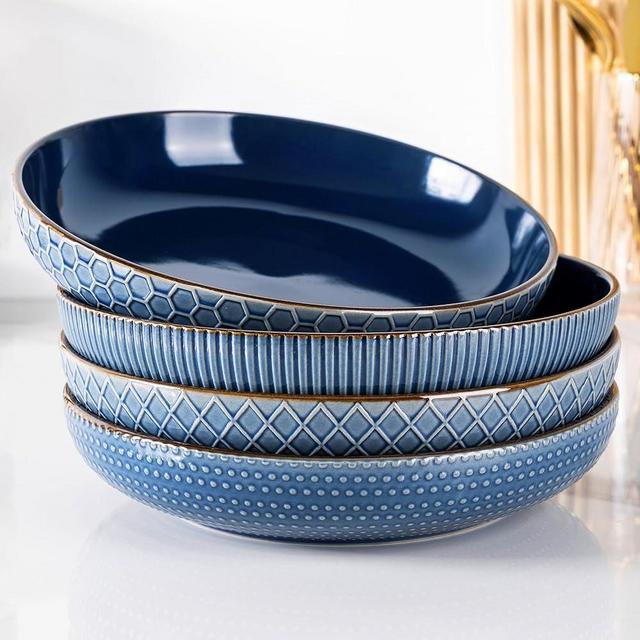 GBHOME 9.5'' Large Pasta Bowls, 42 Ounce Stoneware Salad Bowls for Kitchen, Ceramic Serving Bowls With Textured Pattern for Pasta,Fruit, Stews,Noodle, House-warming Gift, Set of 4-Moonlight Blue