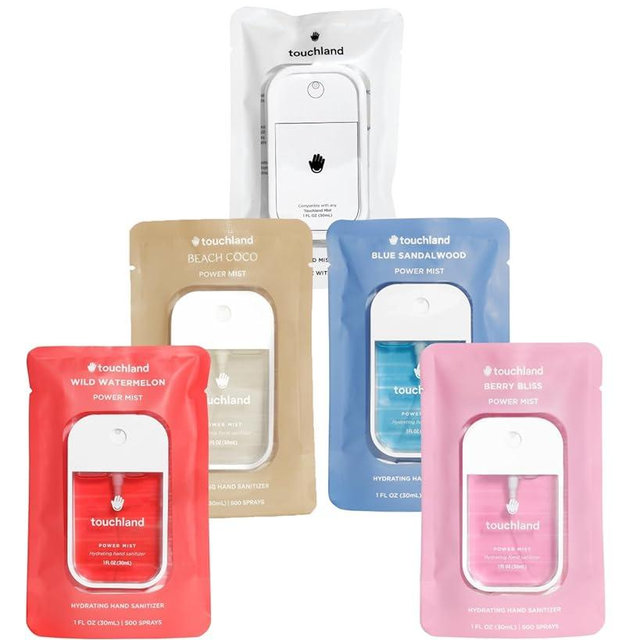 Touchland Hydrating Hand Sanitizer Spray Bundle, DREAM 5 Set (Watermelon, Berry, Beach Coco, Sandalwood Power Mists, Icy White Hand Mist Case), 1 FL. OZ. Travel Size